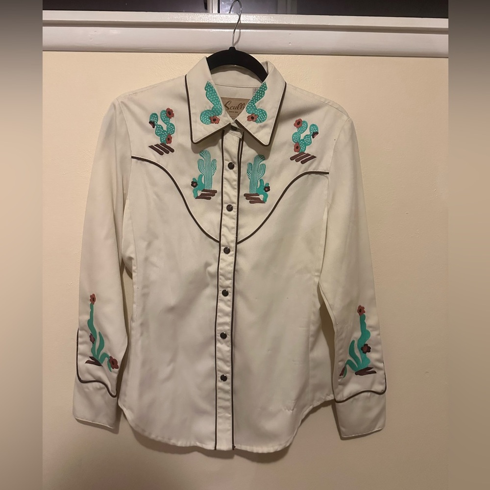 Vintage Skully Embroidered Cactus Pearl Snap Shirt